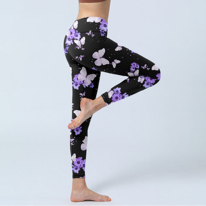 Buddha Stones Purple Floral Butterfly Print Exercise Leggings Women's Yoga Pants - image 4