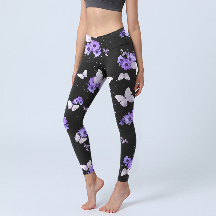 Buddha Stones Purple Floral Butterfly Print Exercise Leggings Women's Yoga Pants