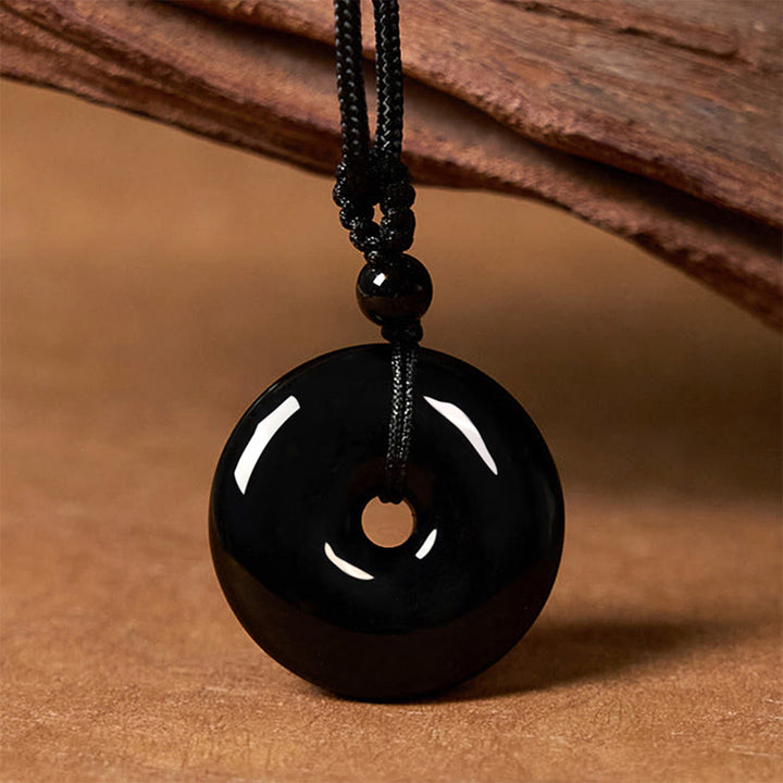 Buddha Stones Natural Black Obsidian Peace Buckle Strength Rope Necklace Pendant