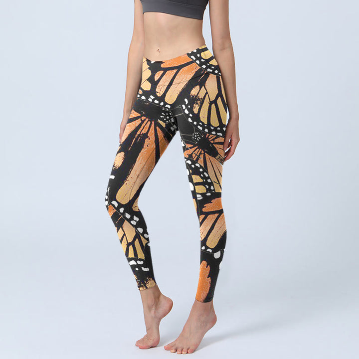 Buddha Stones Yellow Butterfly Print Exercise Leggings Women's Yoga Pants