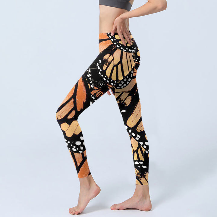 Buddha Stones Yellow Butterfly Print Exercise Leggings Women's Yoga Pants
