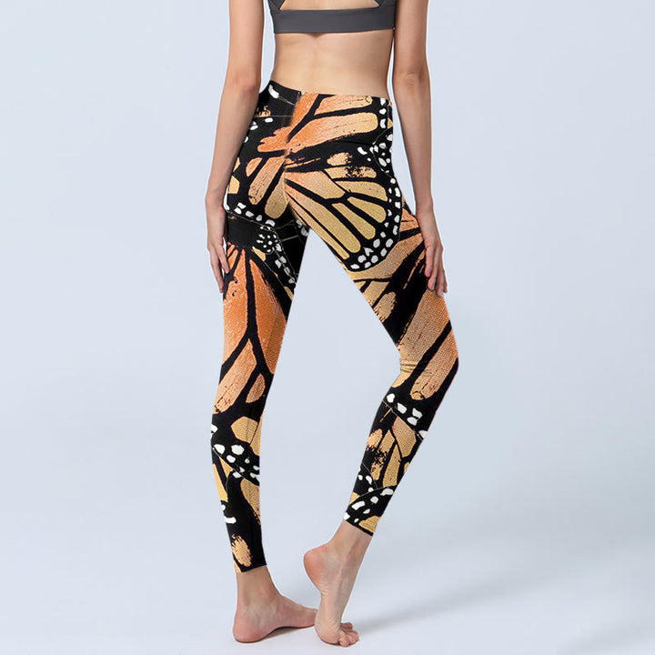 Buddha Stones Yellow Butterfly Print Exercise Leggings Women's Yoga Pants