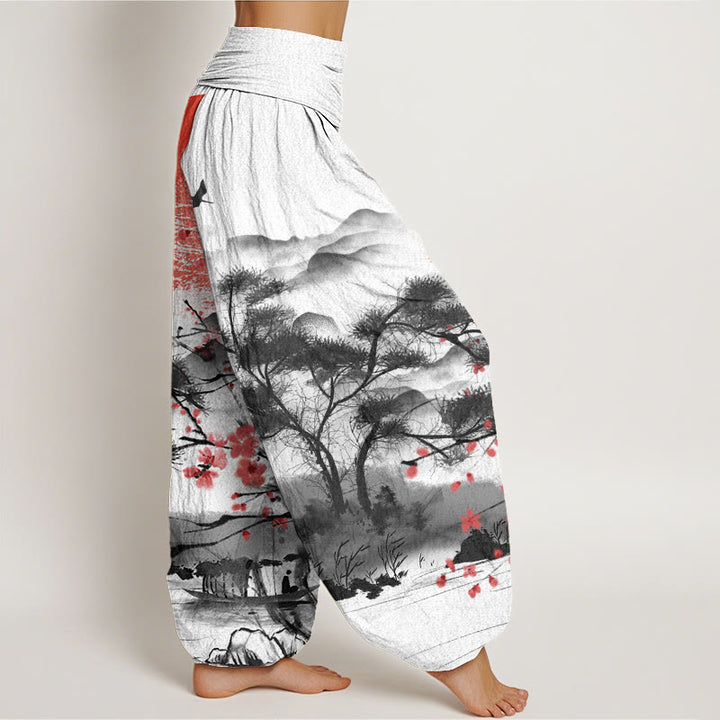 Buddha Stones Casual Red Plum Blossom Mountains Sun Pattern Women's Elastic Waist Harem Pants