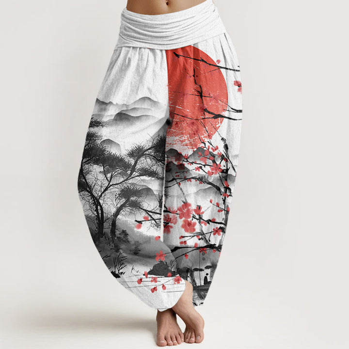 Buddha Stones Casual Red Plum Blossom Mountains Sun Pattern Women's Elastic Waist Harem Pants