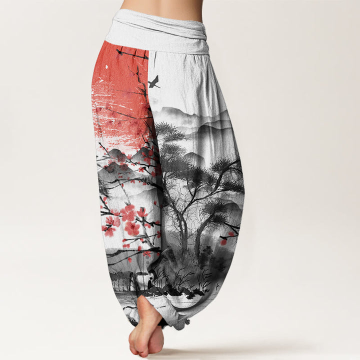 Buddha Stones Casual Red Plum Blossom Mountains Sun Pattern Women's Elastic Waist Harem Pants - image 1
