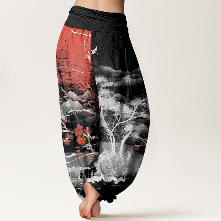 Buddha Stones Casual Red Plum Blossom Mountains Sun Pattern Women's Elastic Waist Harem Pants