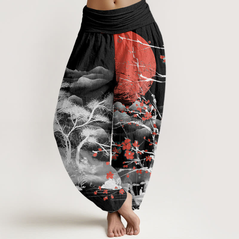 Buddha Stones Casual Red Plum Blossom Mountains Sun Pattern Women's Elastic Waist Harem Pants