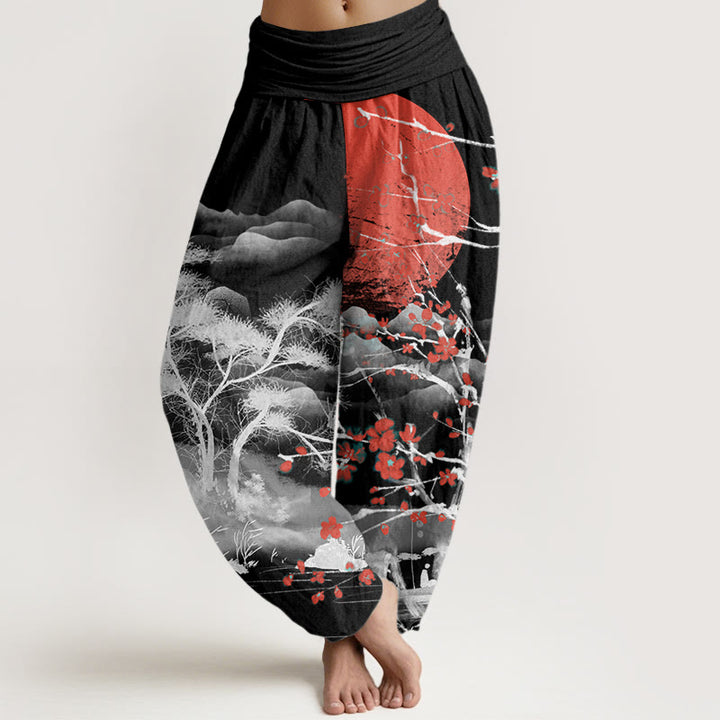 Buddha Stones Casual Red Plum Blossom Mountains Sun Pattern Women's Elastic Waist Harem Pants