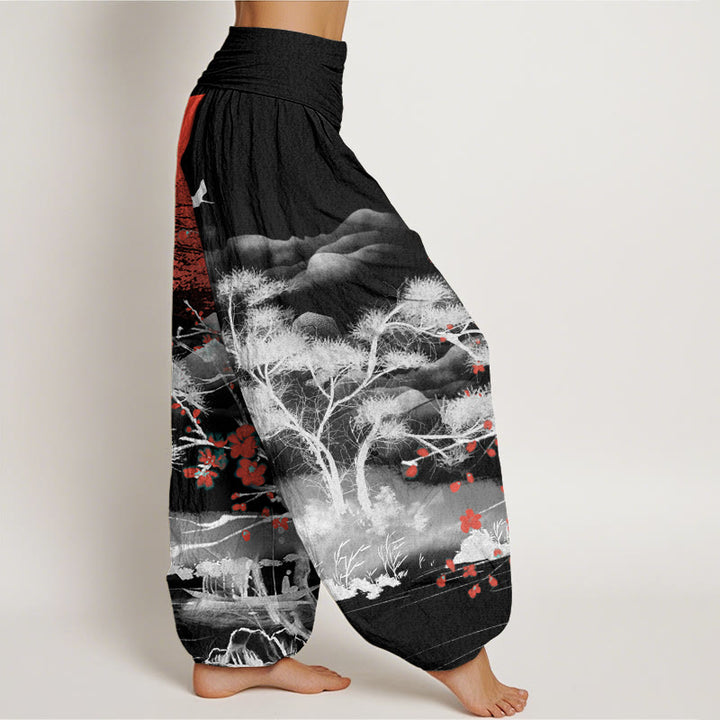 Buddha Stones Casual Red Plum Blossom Mountains Sun Pattern Women's Elastic Waist Harem Pants
