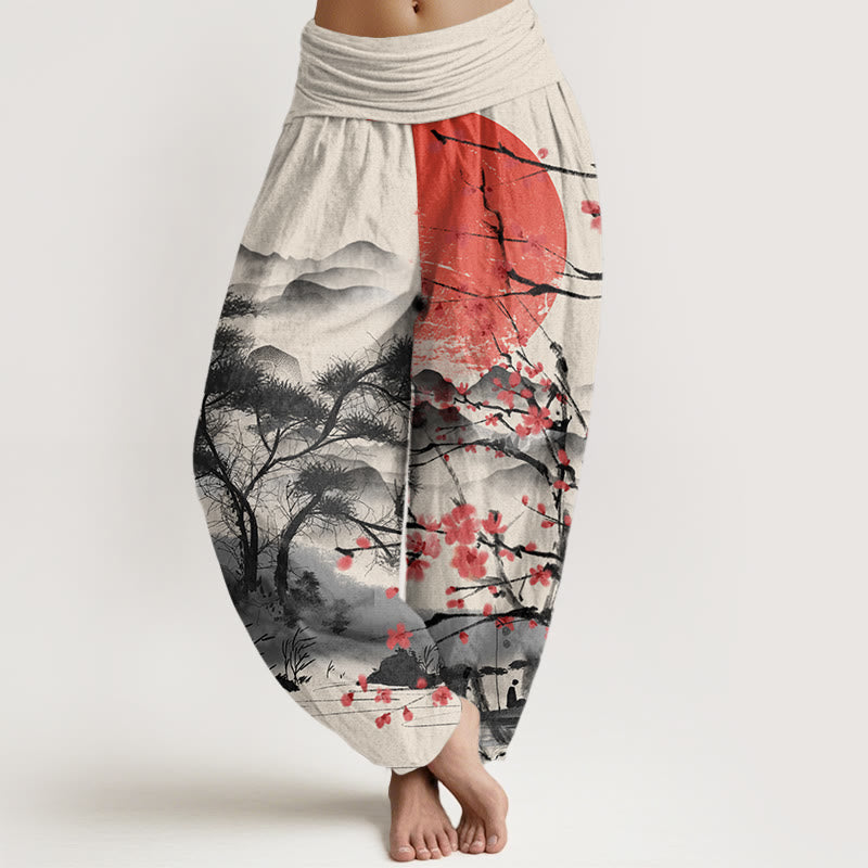 Buddha Stones Casual Red Plum Blossom Mountains Sun Pattern Women's Elastic Waist Harem Pants