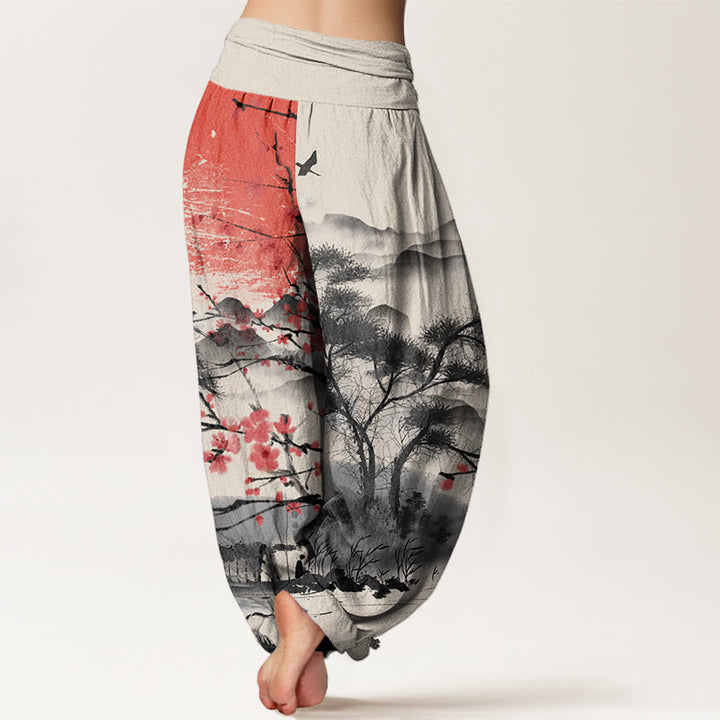 Buddha Stones Casual Red Plum Blossom Mountains Sun Pattern Women's Elastic Waist Harem Pants