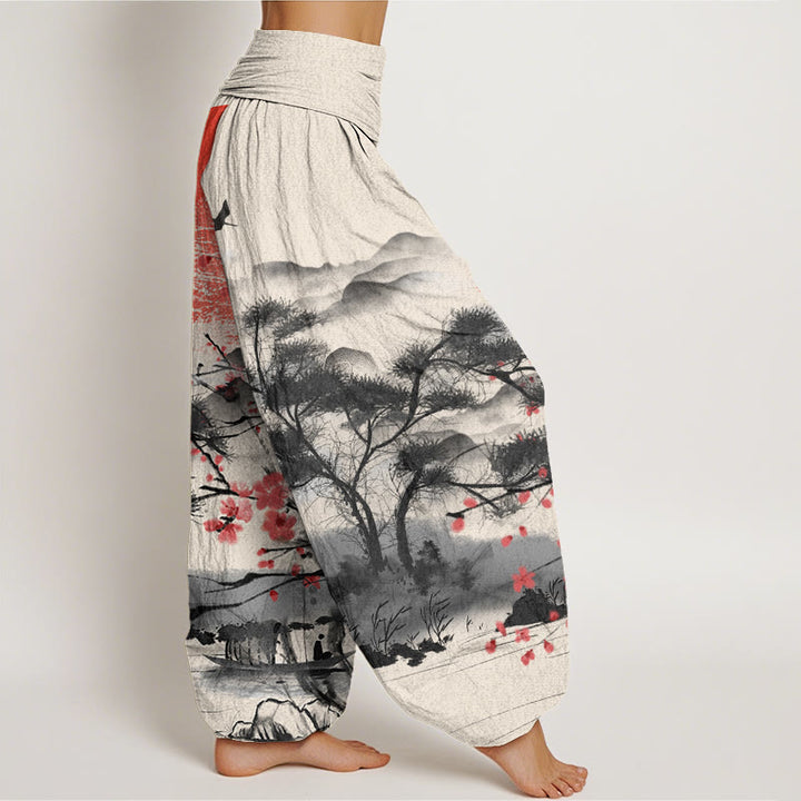 Buddha Stones Casual Red Plum Blossom Mountains Sun Pattern Women's Elastic Waist Harem Pants