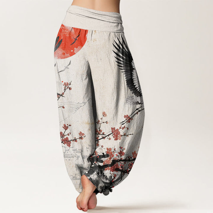 Buddha Stones Red-Crowned Crane Sun Red Plum Blossom Pattern Women's Elastic Waist Harem Pants
