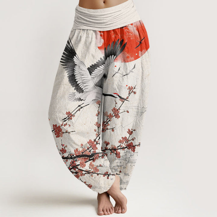 Buddha Stones Red-Crowned Crane Sun Red Plum Blossom Pattern Women's Elastic Waist Harem Pants