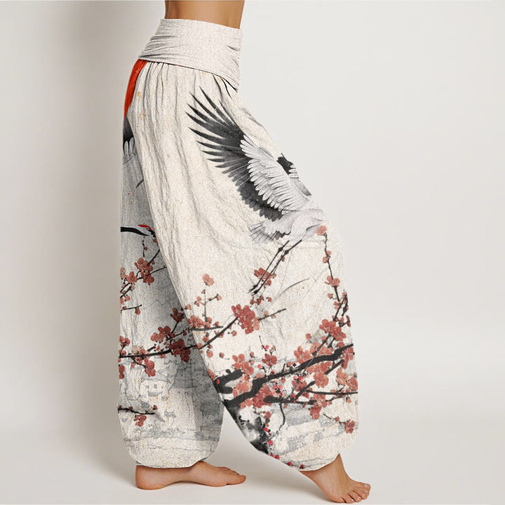 Buddha Stones Red-Crowned Crane Sun Red Plum Blossom Pattern Women's Elastic Waist Harem Pants