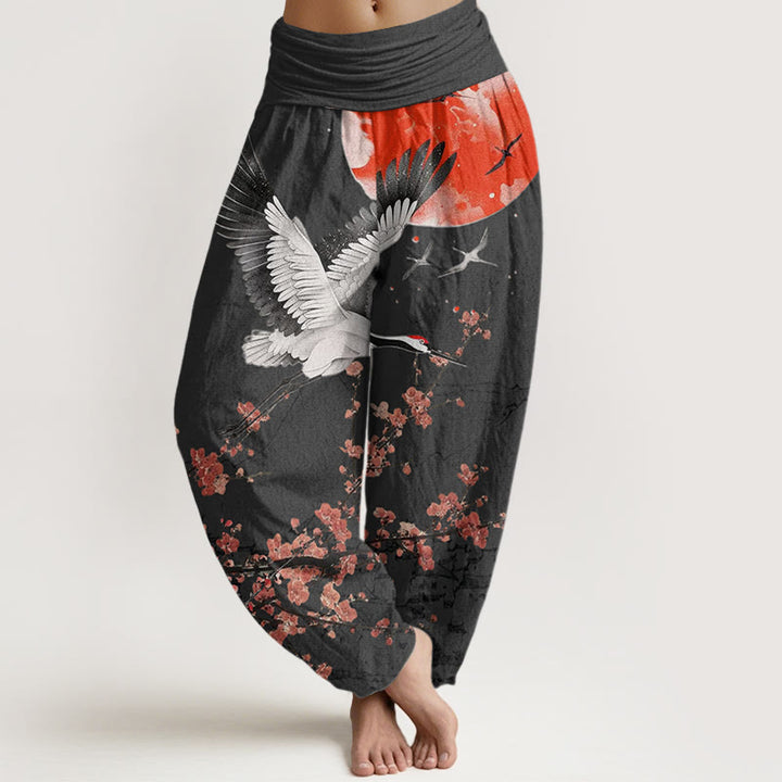 Buddha Stones Red-Crowned Crane Sun Red Plum Blossom Pattern Women's Elastic Waist Harem Pants