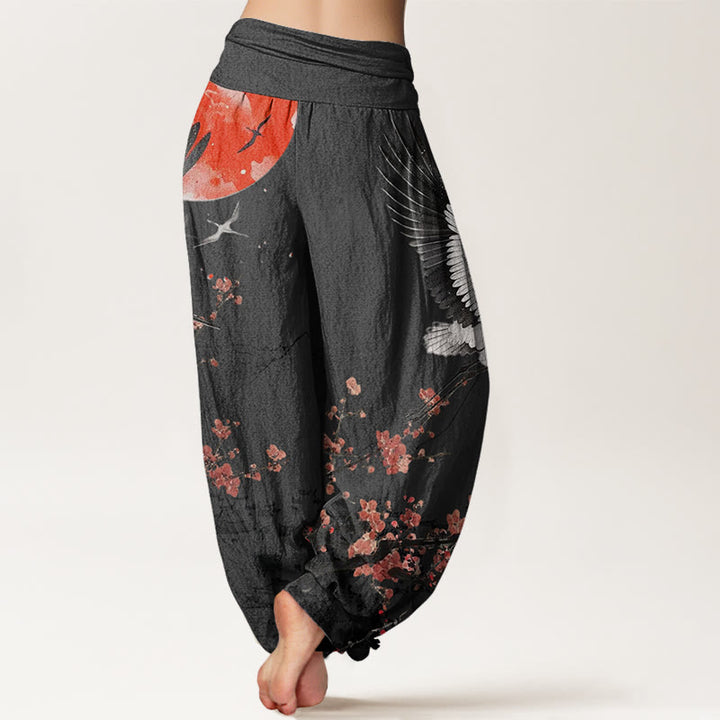 Buddha Stones Red-Crowned Crane Sun Red Plum Blossom Pattern Women's Elastic Waist Harem Pants