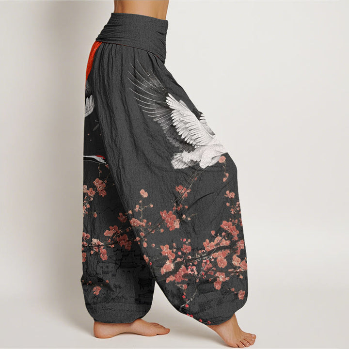 Buddha Stones Red-Crowned Crane Sun Red Plum Blossom Pattern Women's Elastic Waist Harem Pants