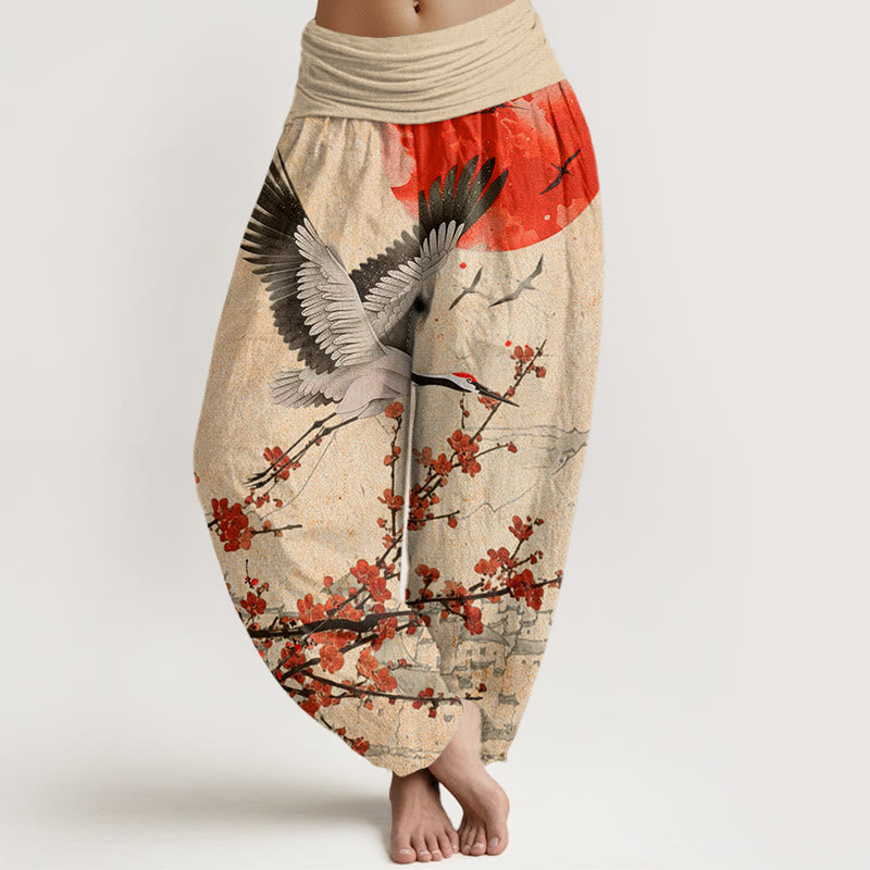 Buddha Stones Red-Crowned Crane Sun Red Plum Blossom Pattern Women's Elastic Waist Harem Pants