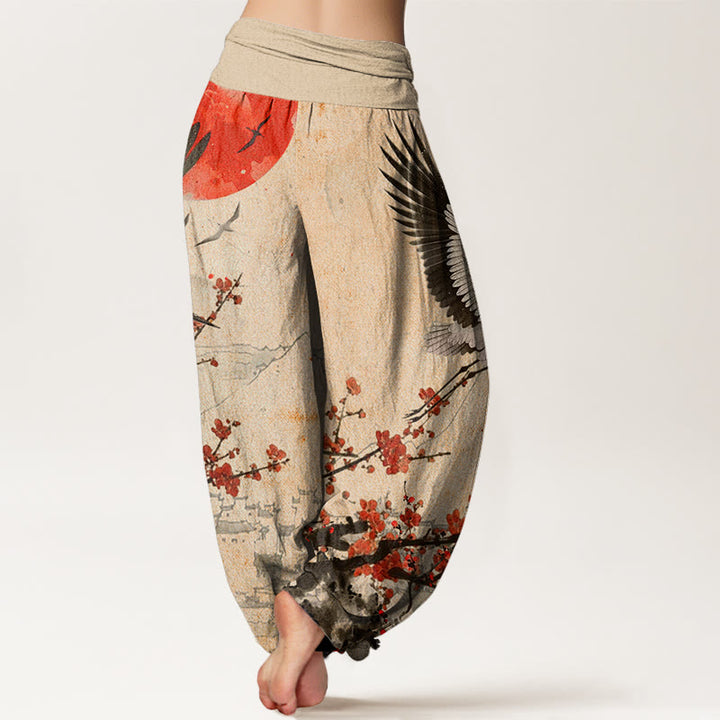 Buddha Stones Red-Crowned Crane Sun Red Plum Blossom Pattern Women's Elastic Waist Harem Pants