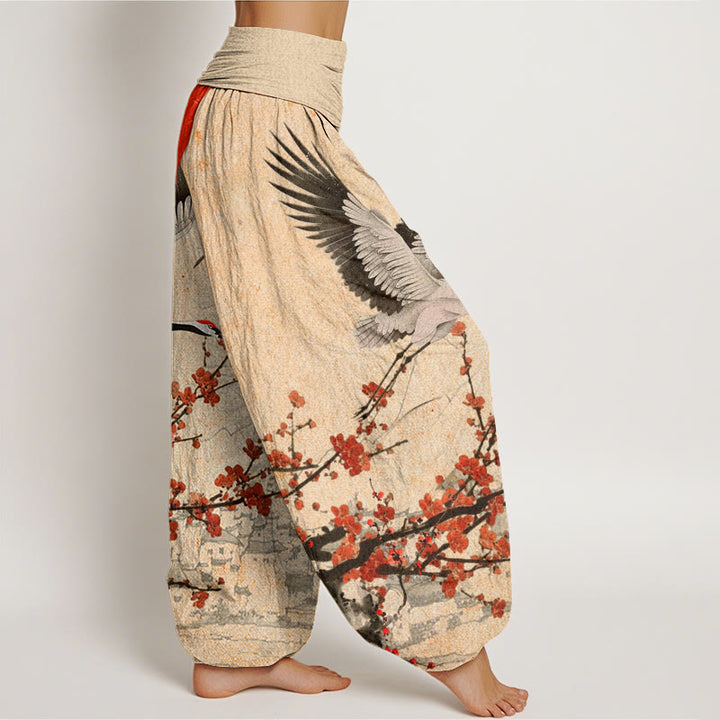 Buddha Stones Red-Crowned Crane Sun Red Plum Blossom Pattern Women's Elastic Waist Harem Pants
