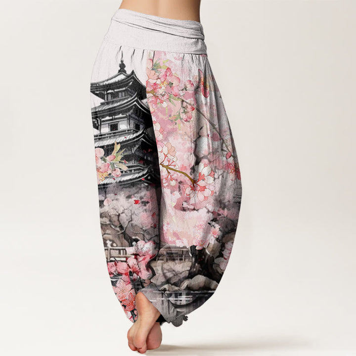 Buddha Stones Pavilion Cherry Blossom Pattern Women's Elastic Waist Harem Pants