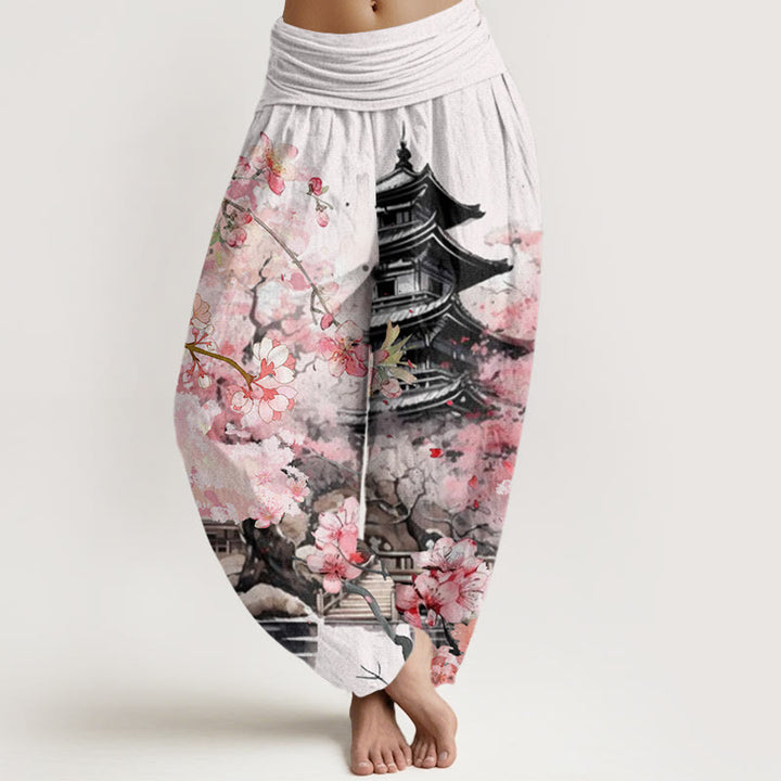 Buddha Stones Pavilion Cherry Blossom Pattern Women's Elastic Waist Harem Pants