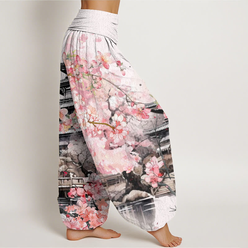 Buddha Stones Pavilion Cherry Blossom Pattern Women's Elastic Waist Harem Pants