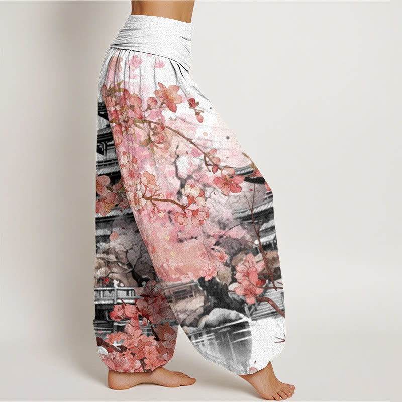Buddha Stones Pavilion Cherry Blossom Pattern Women's Elastic Waist Harem Pants