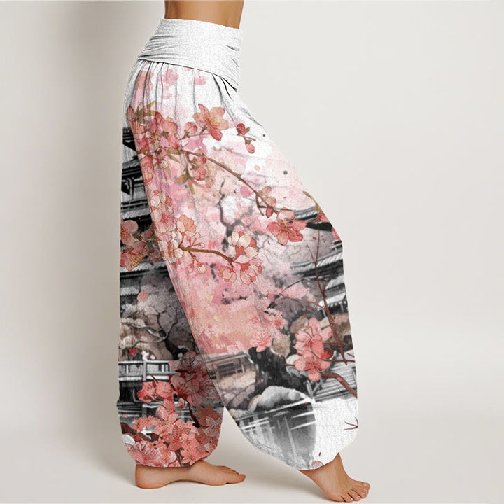Buddha Stones Pavilion Cherry Blossom Pattern Women's Elastic Waist Harem Pants
