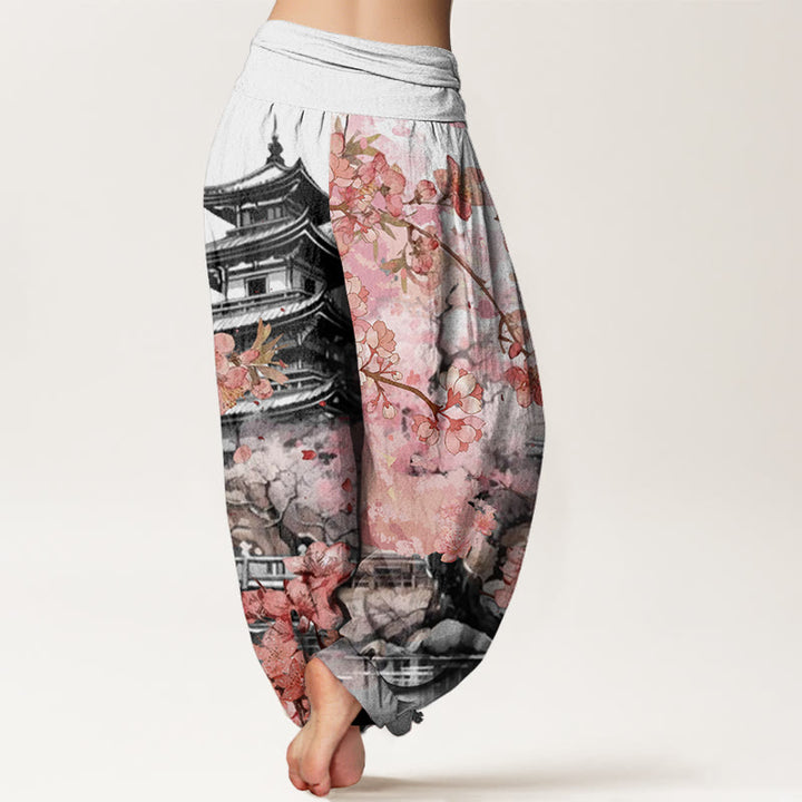 Buddha Stones Pavilion Cherry Blossom Pattern Women's Elastic Waist Harem Pants