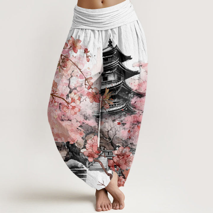 Buddha Stones Pavilion Cherry Blossom Pattern Women's Elastic Waist Harem Pants