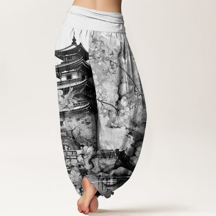 Buddha Stones Pavilion Cherry Blossom Pattern Women's Elastic Waist Harem Pants
