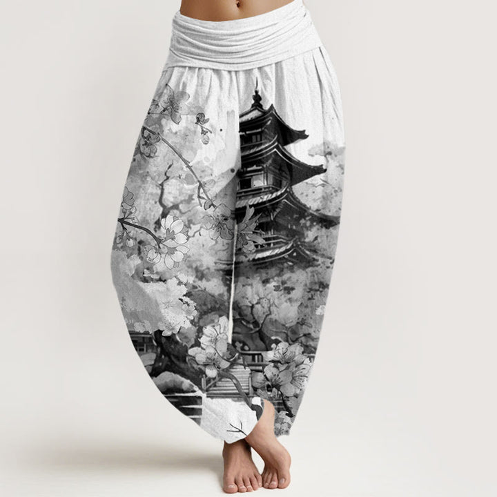 Buddha Stones Pavilion Cherry Blossom Pattern Women's Elastic Waist Harem Pants