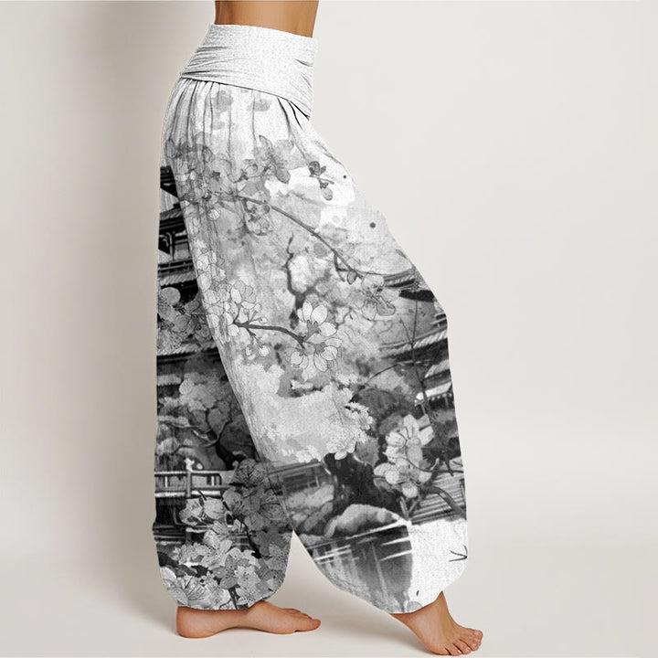 Buddha Stones Pavilion Cherry Blossom Pattern Women's Elastic Waist Harem Pants