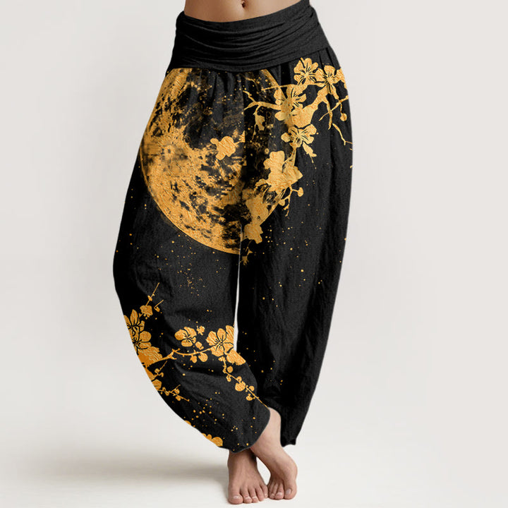 Buddha Stones Golden Plum Blossom Full Moon Pattern Women's Elastic Waist Harem Pants