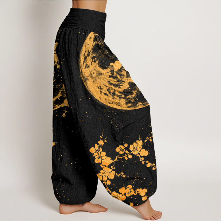 Buddha Stones Golden Plum Blossom Full Moon Pattern Women's Elastic Waist Harem Pants