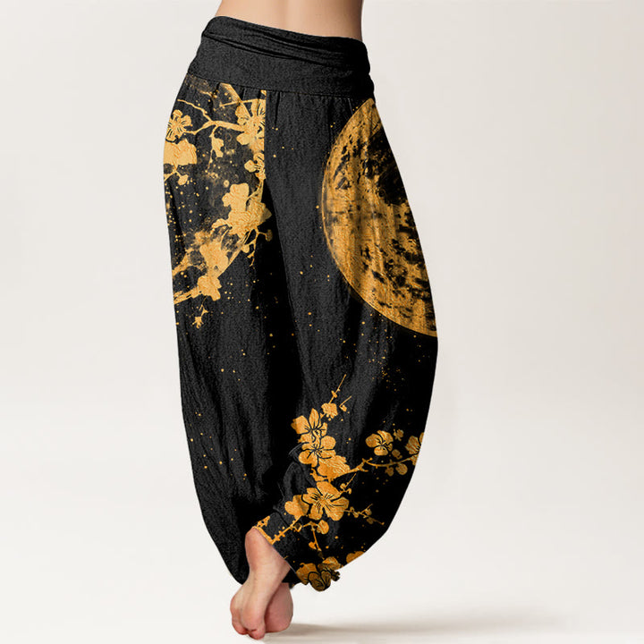 Buddha Stones Golden Plum Blossom Full Moon Pattern Women's Elastic Waist Harem Pants
