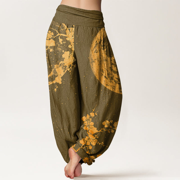 Buddha Stones Golden Plum Blossom Full Moon Pattern Women's Elastic Waist Harem Pants