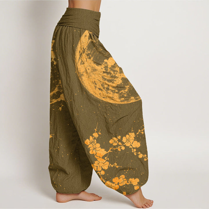 Buddha Stones Golden Plum Blossom Full Moon Pattern Women's Elastic Waist Harem Pants