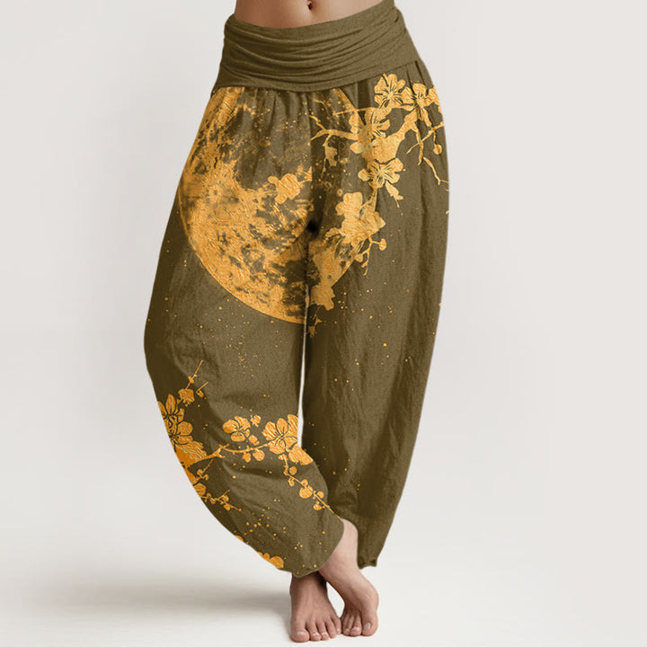 Buddha Stones Golden Plum Blossom Full Moon Pattern Women's Elastic Waist Harem Pants