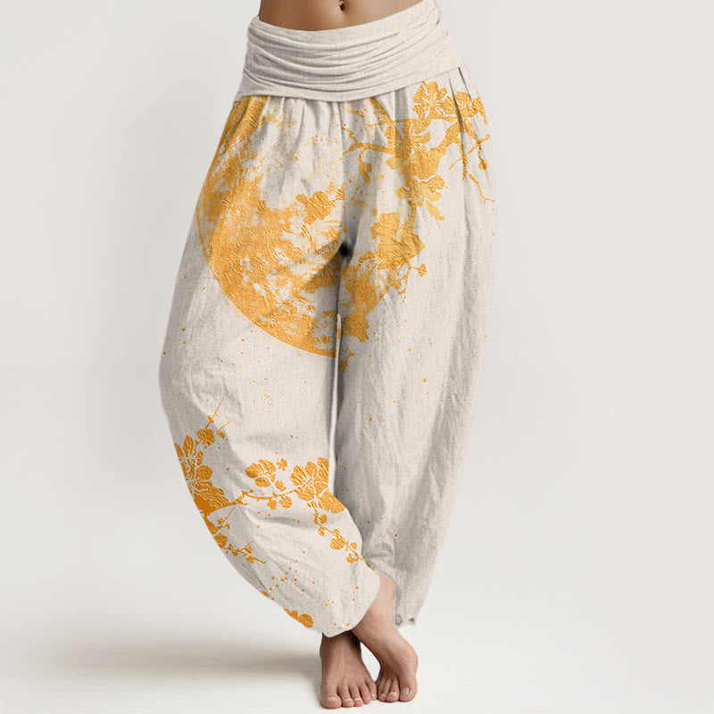 Buddha Stones Golden Plum Blossom Full Moon Pattern Women's Elastic Waist Harem Pants