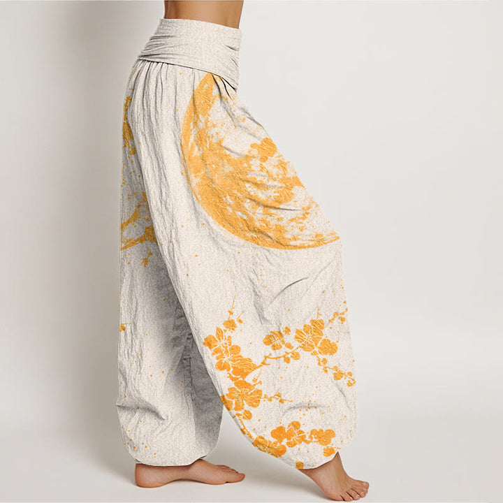 Buddha Stones Golden Plum Blossom Full Moon Pattern Women's Elastic Waist Harem Pants