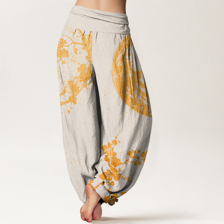 Buddha Stones Golden Plum Blossom Full Moon Pattern Women's Elastic Waist Harem Pants