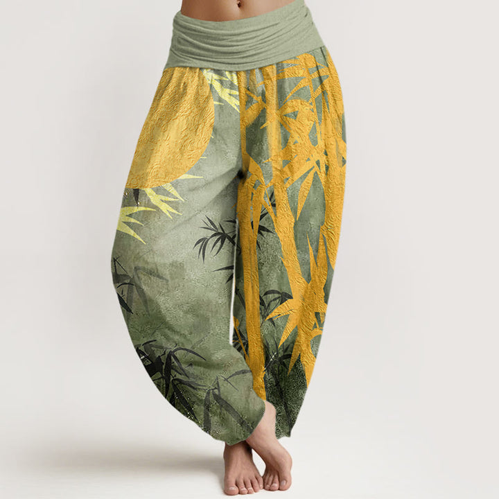 Buddha Stones Bamboo Leaves Full Moon Pattern Women's Elastic Waist Harem Pants