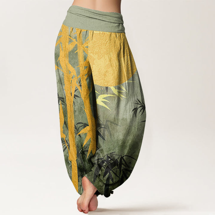 Buddha Stones Bamboo Leaves Full Moon Pattern Women's Elastic Waist Harem Pants