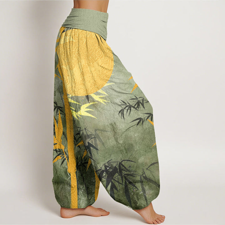 Buddha Stones Bamboo Leaves Full Moon Pattern Women's Elastic Waist Harem Pants