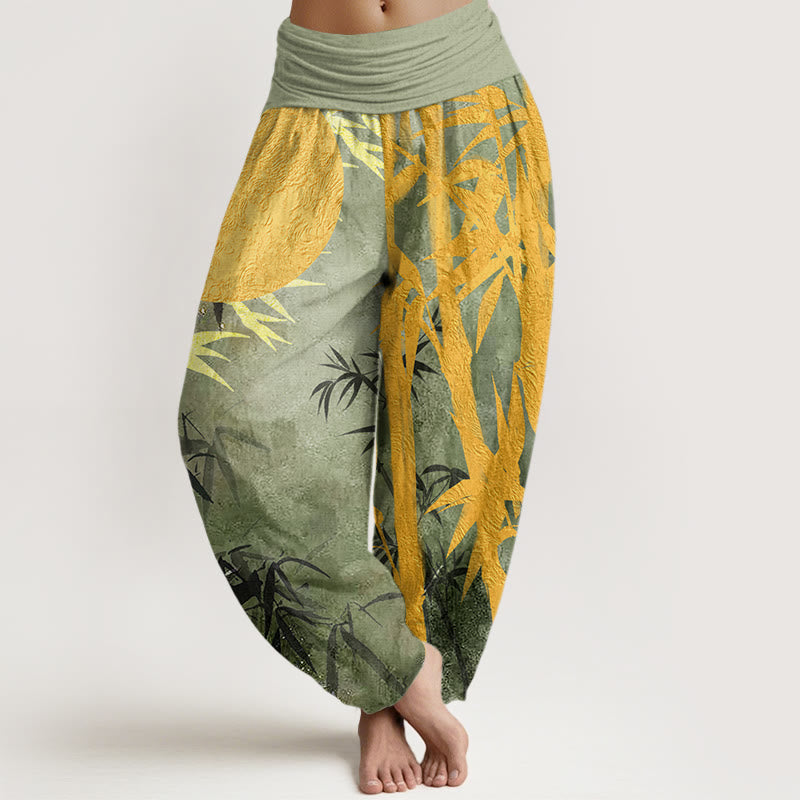 Buddha Stones Bamboo Leaves Full Moon Pattern Women's Elastic Waist Harem Pants - LightGreen - US22，UK/AU26，EU54 (6XL) - image 1