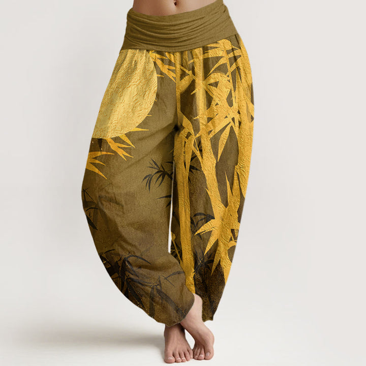 Buddha Stones Bamboo Leaves Full Moon Pattern Women's Elastic Waist Harem Pants