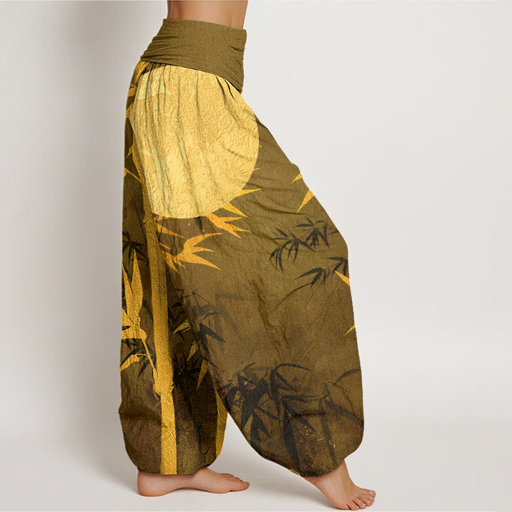 Buddha Stones Bamboo Leaves Full Moon Pattern Women's Elastic Waist Harem Pants